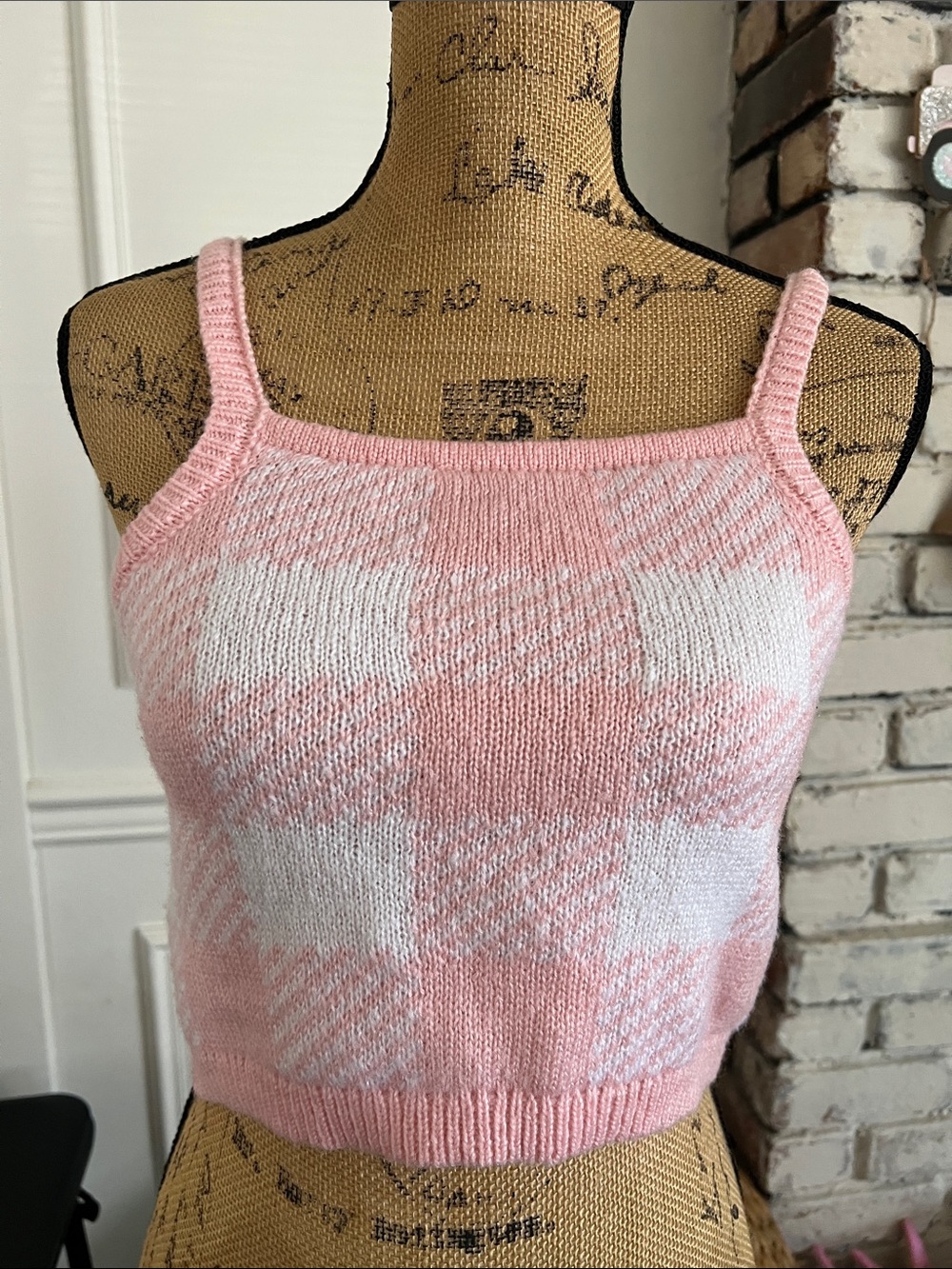 No Boundaries Pink and White Plaid Knit Crop Tank